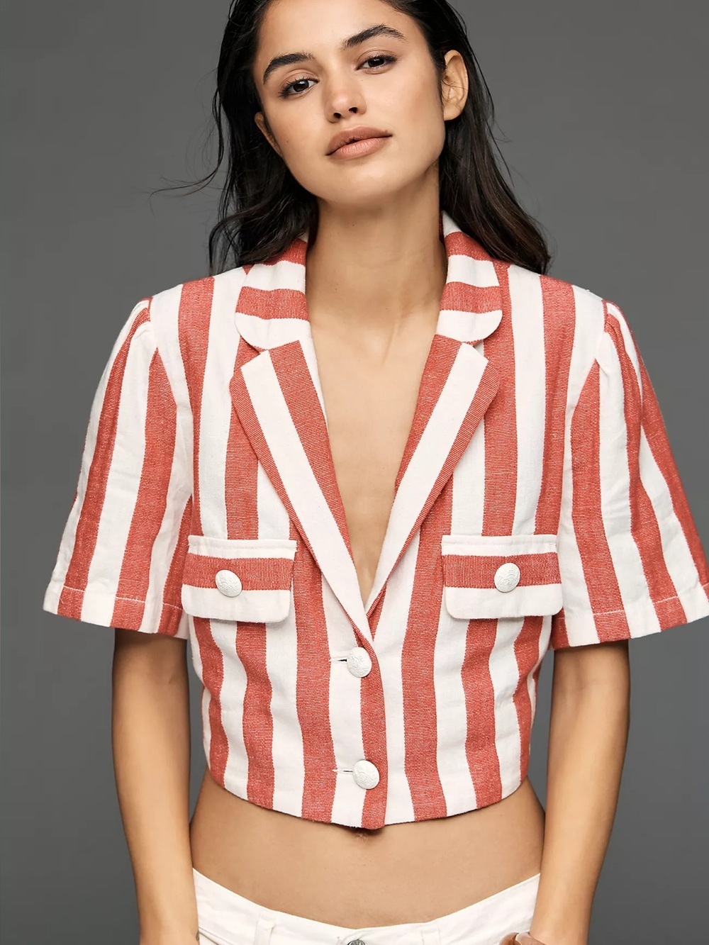 MAEVE ANTHROPOLOGIE Striped Cropped Blazer Jacket in Rust and White (129)